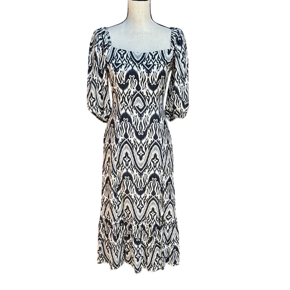 Bagatelle Puff Sleeve Ikat Midi Dress Size 2 Blue White Linen Blend NWT Summer